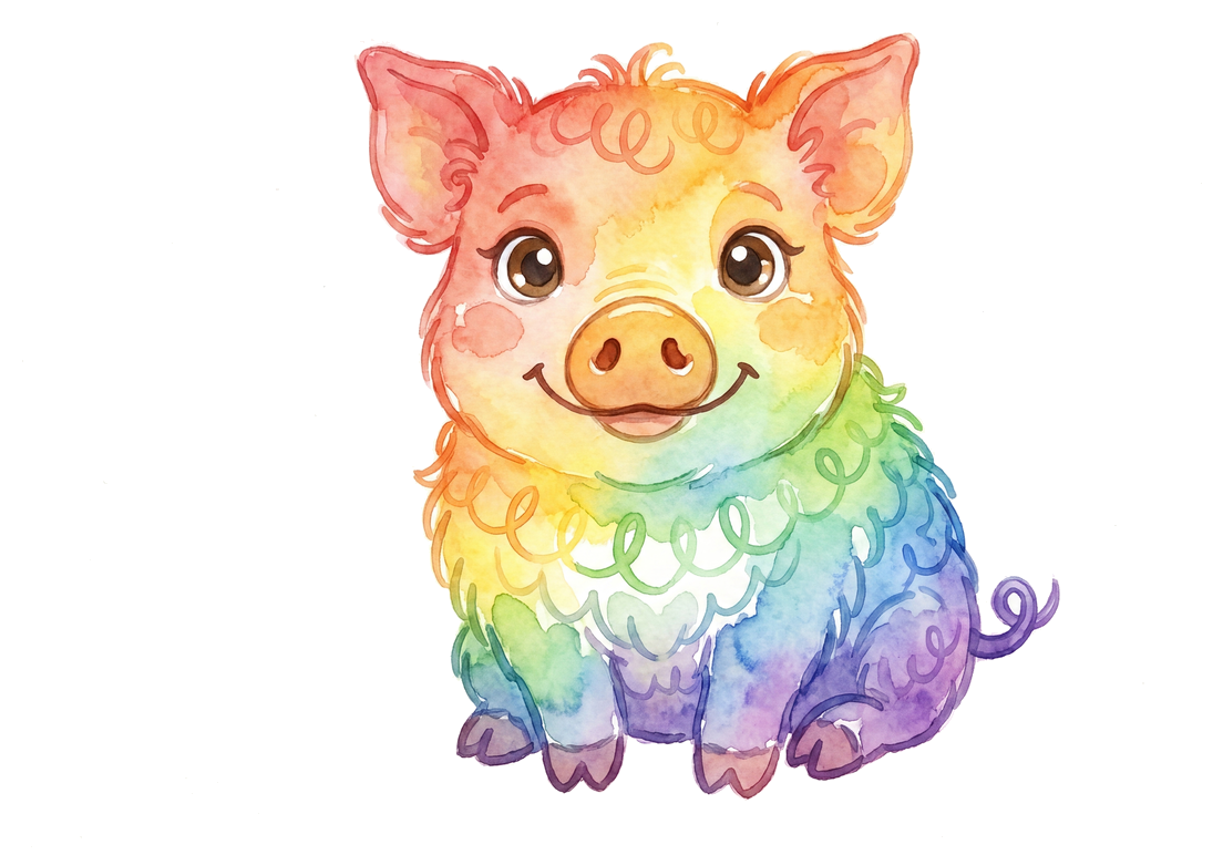 Squiggleby the rainbow piglet, waving hello